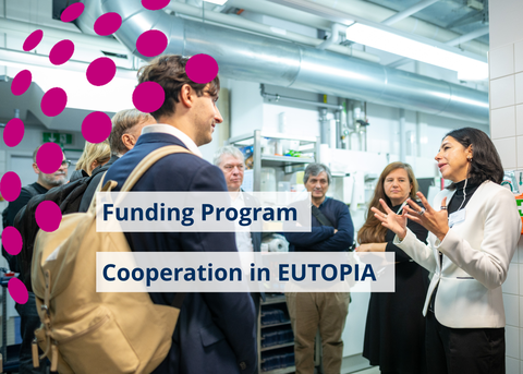 Eine Gruppe Wissenschaftler im Gespräch, darüber der Text Funding Programme Cooperation in Eutopia