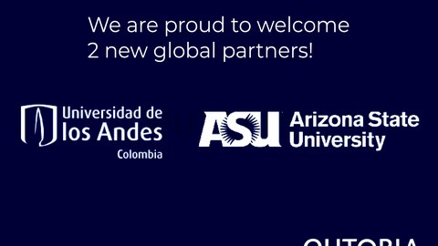 Text that says we are proud to welcome two new partners and the logos of Arizona State University and Universidad de los Andes