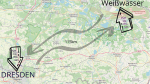 LAndkarte die Dresden und Weißwasser markiert