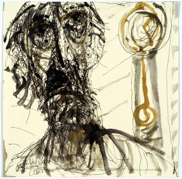 Federzeichnung, Aquarell von Horst Leifer, 2001 (TU Dresden, Sammlung Arzt, Patient und Krankheit in der Kunst)