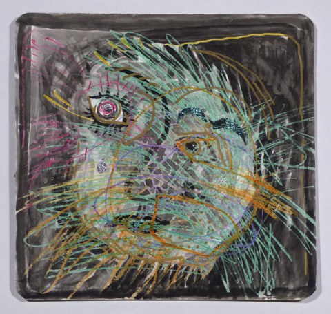 Agathe Böttcher, Bildnis mit Vogel. 1994, Mischtechnik auf Papier, 30×30 cm, Nachlass