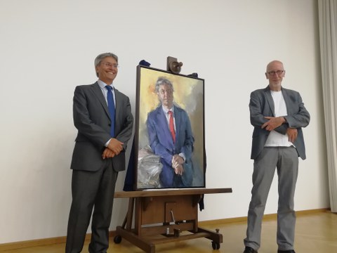 Enthüllung des Rektorenporträts Prof. Hans Müller-Steinhagen, gemalt von Johannes Heisig. Rektor und Künstler