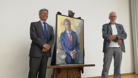 Enthüllung des Rektorenporträts Prof. Hans Müller-Steinhagen, gemalt von Johannes Heisig. Rektor und Künstler
