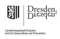 Das Logo der Stadt Dresden enthält das Stadtwappen und den Schrifttzug "Dresden.", einmal richtig herum und einmal auf dem Kopf stehend. Darunter steht "Landeshauptstadt Dresden Amt für Gesundheit und Prävention"