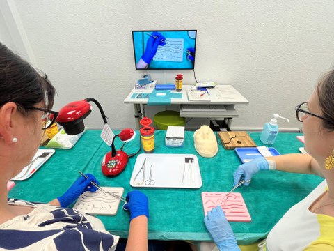 Training der Hautnaht am Nahtpad mit Live-Übertragung über Dokumentenkamera