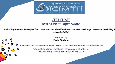 Best Student Paper Award für Florin Teschner auf der ICIMTH 2026