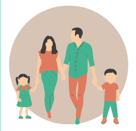 Quadratisches Bild mit einem grauen Kreis im Hintergrund. Im Vordergrund ist eine Familie gezeichnet, dies sich alle an den Händen halten. 