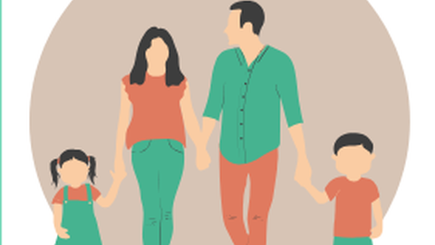 Quadratisches Bild mit einem grauen Kreis im Hintergrund. Im Vordergrund ist eine Familie gezeichnet, dies sich alle an den Händen halten. 