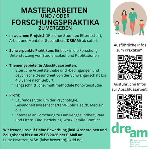 Bild eines Flyers. Farbiger Hintergrund, Informationen zum Projekt, an der rechten Seite QR Codes auf weißem Hintergrund