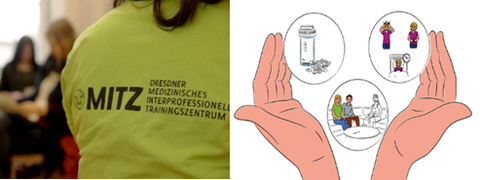 Mitarbeiterin in MITZ-Shirt von hinten neben Abbildung zur Kinderpalliativversorgung