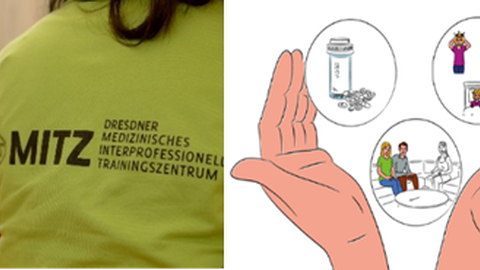 Mitarbeiterin in MITZ-Shirt von hinten neben Abbildung zur Kinderpalliativversorgung