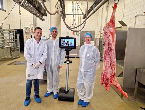 Telepräsenzroboter in der Schlachthalle der Veterinärmedizin der Universität Leipzig neben 3 Personen und einem geschlachteten Tier