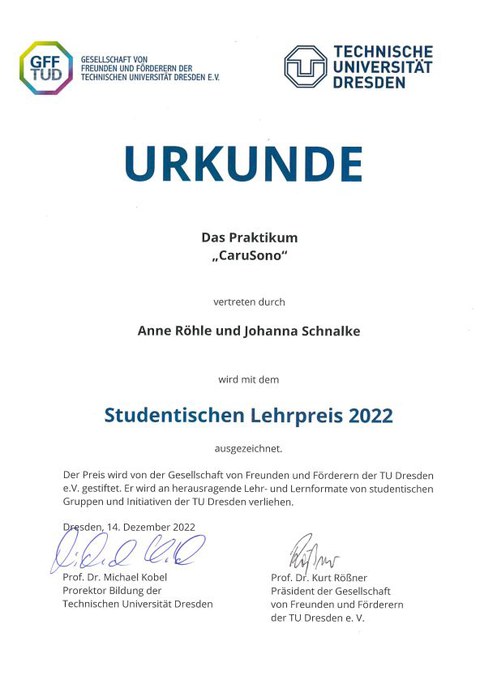 Urkunde studentischer Lehrpreis 2022 für CaruSono