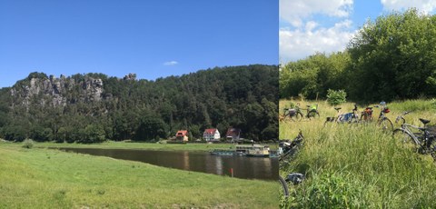 Das Foto zeigt auf der linken Seite eine Landschaft mit Fluss und Dampfer. Auf der rechten Seite ist eine Wiese mit Fahrrädern zu sehen.