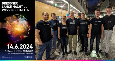 Das Foto zeigt auf der linken Seite das Logo der langen Nacht der Wissenschaften und auf der rechten Seite ein Gruppe Personen, die alle ein Lange-Nacht T-Shirt tragen.