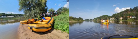 Das Foto zeigt Menschen in einem gelben Schlauchboot auf einem Fluss.