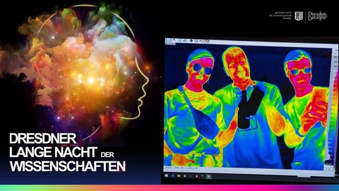 Das Bild zeigt das Logo der Langen Nacht der Wissenschaften sowie ein Thermografiebild mit drei Personen.