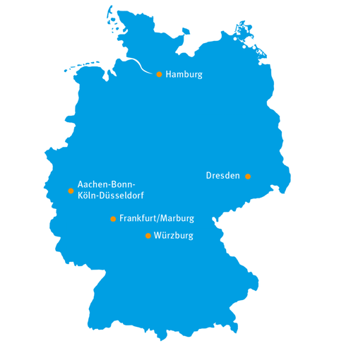 Karte von Deutschland mit markierten Standorten des Mildred-Scheel-Nachwuchszentrums in Hamburg, Dresden, Würzburg, Frankfurt/Marburg und Aachen-Bonn-Köln-Düsseldorf.