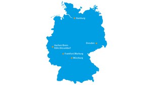 Karte von Deutschland mit markierten Standorten des Mildred-Scheel-Nachwuchszentrums in Hamburg, Dresden, Würzburg, Frankfurt/Marburg und Aachen-Bonn-Köln-Düsseldorf.