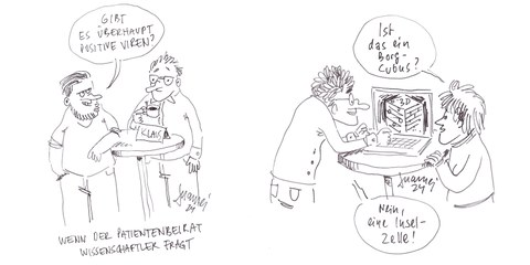 The drawing shows two people at a bar table discussing whether there are any positive viruses. The illustration shows a conversation between a member of the advisory board and a scientist.