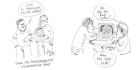 Die Zeichnung zeigt zwei Personen an einem Stehtisch, die sich darüber unterhalten, ob es auch positive Viren gibt. Illustriert ist ein Gespräch zwischen einem Beiratsmitglied und einem Wissenschaftler.