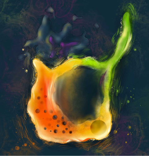 An artist’s representation of a hybrid cell, which is in part beta and in part delta cell.  