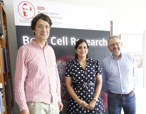 Anubama Rajan trifft Anders Müller und Michele Solimena im Rahmen des Besuchs einer Delegation des IITM im Zuge der Transcampus-Initiative