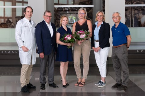 MeDDrive Tandem-Förderung Onkologie: Prof. Björn Falkenburger, Dr. Andreas Sperl, Dr. Anne-Marlen Ada, Dr. Therese Seidlitz, Prof. Esther Troost, Prof. Andreas Deußen