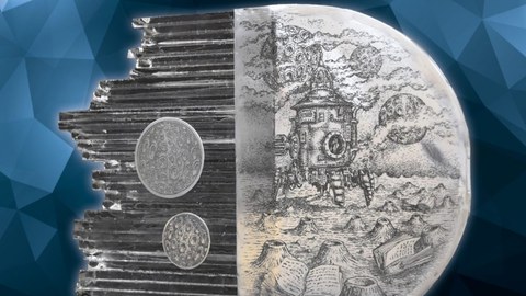 Ein Preis: Abstrakte Darstellung eines fremden Planeten mit einem gelandeten Raumschiff in Grautönen.