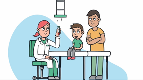 Eine Illustration: Links am Tisch sitzt eine Ärztin im Kittel und hält ein Reagenzglas, in der Mitte auf dem Tisch sitzt ein Kind, rechts hinter dem Tisch steht ein Mann; beide schauen aufs Reagenzglas und das Rohr darüber, aus dem Tropfen ins Glas fallen