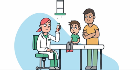 Eine Illustration: Links am Tisch sitzt eine Ärztin im Kittel und hält ein Reagenzglas, in der Mitte auf dem Tisch sitzt ein Kind, rechts hinter dem Tisch steht ein Mann; beide schauen aufs Reagenzglas und das Rohr darüber, aus dem Tropfen ins Glas fallen