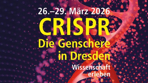 Hintergrund: Nahaufnahme eines DNA-Strangs; Vordergrund: Text "CRISPR, Die Genschere in Dresden, Wissenschaft erleben"