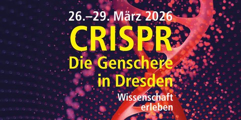 Hintergrund: Nahaufnahme eines DNA-Strangs; Vordergrund: Text "CRISPR, Die Genschere in Dresden, Wissenschaft erleben"