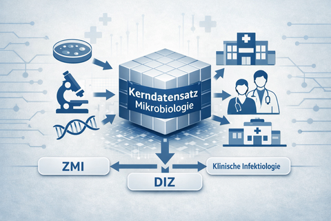 In der Mitte ein Würfel mit Text "Kerndatensatz Mikrobiologie", drei Pfeile nach unten, jeweils mit Texten "ZMI", "DIZ" und "Klinische Infektiologie", rund um den Würfel Icons für Petrischale, Mikroskop, DNA, Krankenhaus und Ärzte.