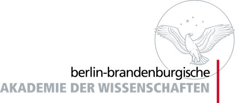 Rechts: Schematische Abbildung von einem Adler innerhalb von einem Kreis, über dem Adler sind fünf Sterne platziert. Text unten in der Mitte: berlin-brandenburgische AKADEMIE DER WISSENSCHAFTEN