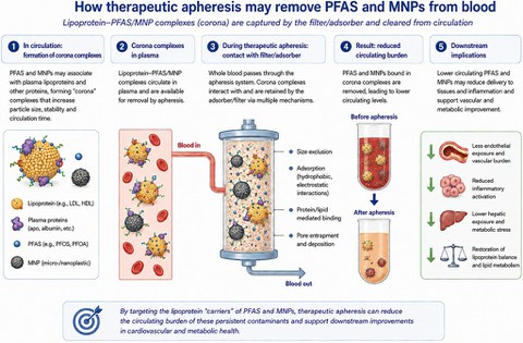 Schematische Darstellung: Apherese entfernt PFAS/Mikroplastik, indem lipoproteingebundene „Corona“-Komplexe aus dem Blut gefiltert werden.