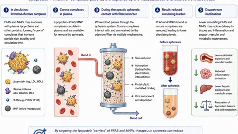 Schematische Darstellung: Apherese entfernt PFAS/Mikroplastik, indem lipoproteingebundene „Corona“-Komplexe aus dem Blut gefiltert werden.
