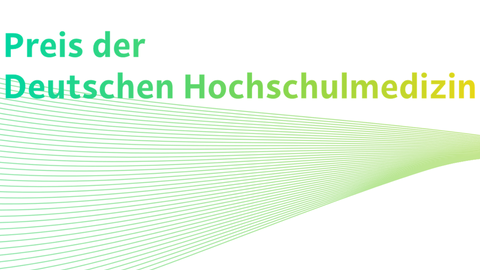 Logo; Text oben: Preis der Deutschen Hochschulmedizin, unten: diagonale Linien, die von links nach rechts kleiner werden in Form eines Strahls