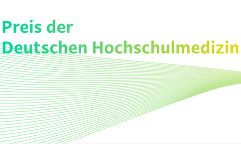 Logo; Text oben: Preis der Deutschen Hochschulmedizin, unten: diagonale Linien, die von links nach rechts kleiner werden in Form eines Strahls