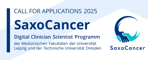 Text von oben nach unten: CALL FOR APPLICATIONS 2025. SaxoCancer Digital Clinician Scientist Programm  der Medizinischen Fakultäten der Universität Leipzig und der Technische Universität Dresden. Rechts vom Text das Logo: zwei Hände halten einander. 