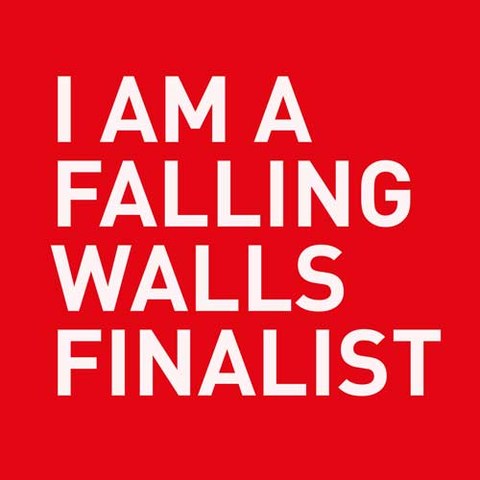 Rotes Quadrat mit der Aufschrift I am a falling walls finalist