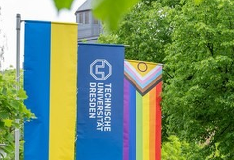 Die Progressive Pride Flag weht an der TU Dresden.