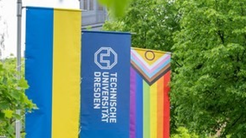Die Progressive Pride Flag weht an der TU Dresden.