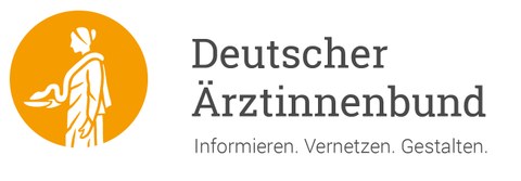Logo des Deutschen Ärztinnenbund e. V., zeigt im Profil eine stilisierte Frau mit einer Schale in der Hand und einer Schlange über der Schulter, dazu der Schriftzug nDeutescher Ärztinnenbund Informieren Vernetzen Gestalten.