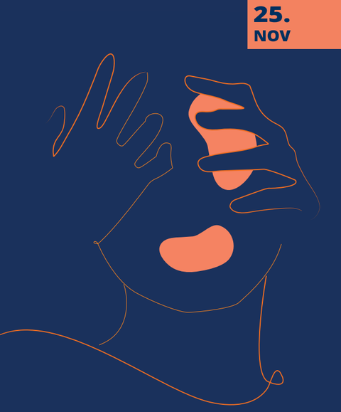grafische Darstellung eines Frauengesichts mit Händen davor und dem Datum 25. November