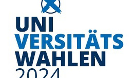 Das Bild zeigt den Schriftzug Universitätswahlen 2024 und eine Kreis mit einem Kreuz darin.