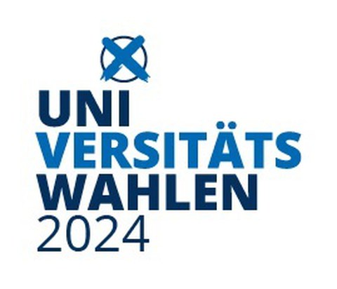 Das Bild zeigt den Schriftzug Universitätswahlen 2024 und eine Kreis mit einem Kreuz darin.