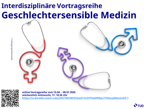 Flyer zur interdisziplinären Vortragsreihe Geschlechtersensible Medizin mit drei Stethoskopen, welche im schlauchteil die Geschlechtersymbole männlich, weiblich, inter darstellen sowie die Zugangsinformation.
