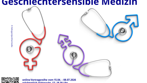 Flyer zur interdisziplinären Vortragsreihe Geschlechtersensible Medizin mit drei Stethoskopen, welche im schlauchteil die Geschlechtersymbole männlich, weiblich, inter darstellen sowie die Zugangsinformation.