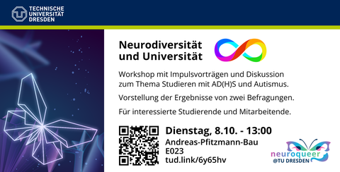 Die Graphik enthält ein Bildelement und Textbestandteile, um auf den Workshop des Projektes neuroqueer@TUD aufmerksam zu machen.